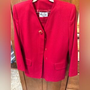 Le Suit Bold Red Collarless Blazer and skirt with Gold Accent Button